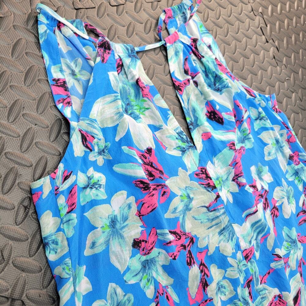 Vintage Silk Floral Tie Back Tank Top Blue Pink Tropical Resortwear Summer Beach